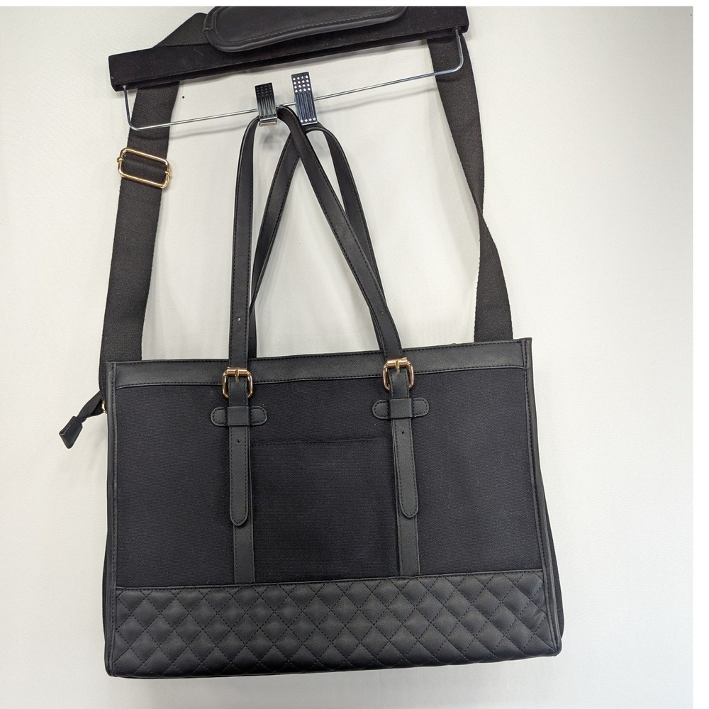 Lovevook Laptop Tote Bag Black Quilted Canvas Faux Leather Work Briefcase 16in
